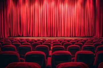 Fototapeta premium Theater stage with red velvet curtains and rows of seats for audience in front view.