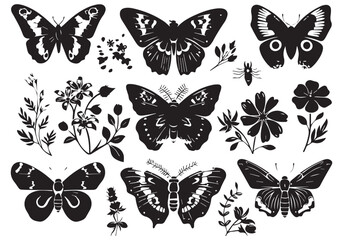 Flowers and butterfly design Bundle white background. Floral butterfly silhouette set Bundle