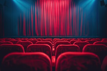 Fototapeta premium Theater stage with red velvet curtains and rows of seats for audience in front view.