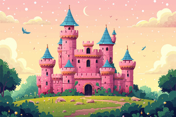 Fototapeta premium Illustration of pink castle in a forest, cartoon, vector