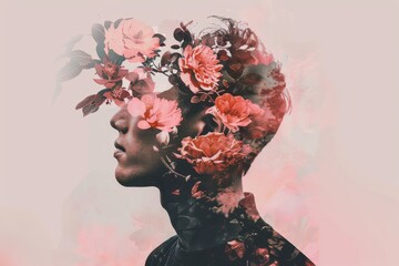 Minimalist portrait of an abstract man with flowers growing out from his head, surreal collage art style