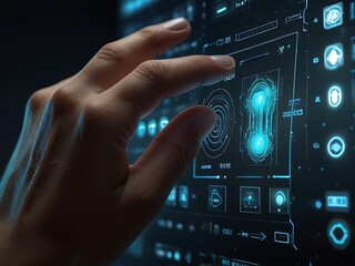A persons hand is shown touching a sleek and advanced interface interacting with the futuristic technology Close up shot of a finger pressing an innovative futuristic interface