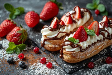 Fototapeta premium Cream puffs filled with whipped cream and topped with fresh strawberries and drizzled chocolate. Generative AI