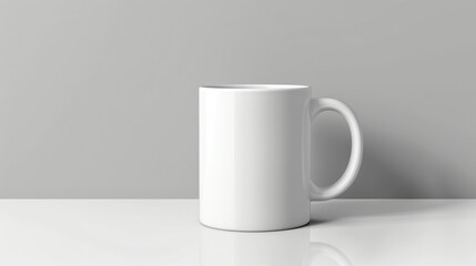 Obraz premium Photo of A white mug mockup on grey background, with copy space for text. Web banner without decorative elements. Simple clean light gray color background. The composition is in the lower right corner