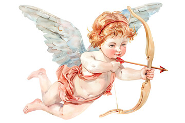 Obraz premium watercolor painting realistic vintage romantic of a cherub or cupid with bow and arrow isolated on white background.
