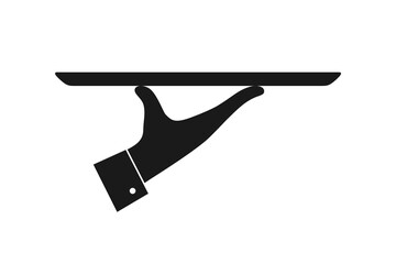 Hand with serving tray. Serving food graphic icon. Sign hand of waiter with tray. Waiter serving. Isolated symbol on white background. Vector illustration