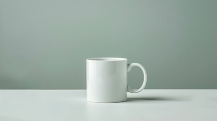 Fototapeta premium Photo of A white mug mockup on grey background, with copy space for text. Web banner without decorative elements. Simple clean light gray color background. The composition is in the lower right corner