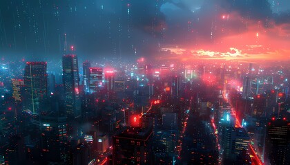 Obraz premium Code Rain, cityscape under a digital storm of glowing code, cascading down skyscrapers into streams of productivity.