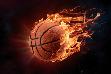 Fototapeta premium Basketball engulfed in swirling flames against a star filled space