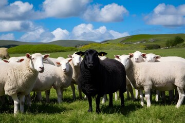 Obraz premium Black sheep among white sheep in lush green meadow under blue sky