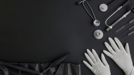 A minimalist medical flat lay featuring surgical instruments and gloves neatly aligned on a sleek black background, designed with copy space for editorial use.