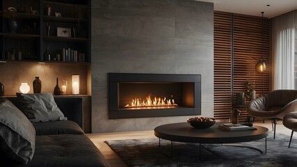 Modern minimalist living room interior design with fireplace, dark color theme fireplace home decor interior design of a living room