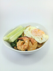 Kwe Tiau with Assorted Toppings: Stir-Fried Rice Noodles Loaded with Fresh Veggies, Eggs, and Succulent Shrimps, Expertly Presented on a Clean White Background, Perfect for Exploring Southeast Asia