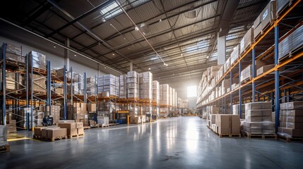 Large Industrial Warehouse Interior with Stacked Boxes on High Shelves. Generative AI