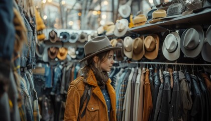 Naklejka premium Young woman shopping for a hat at a vintage clothing store