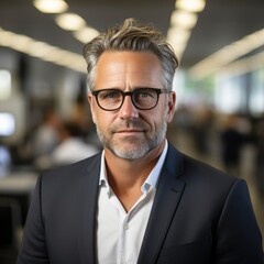 Fototapeta premium Businessman with glasses in modern office. Serious expression, professional attire, focused on work. Corporate environment backdrop.