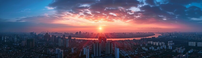 Fototapeta premium City Awakening with Sunrise, The city slowly waking up with the sunrise, symbolizing the start of business activities and growth