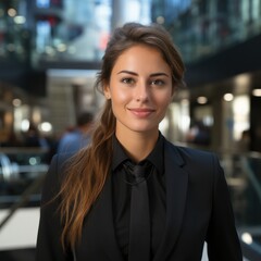 Obraz premium Confident businesswoman in a black suit standing in a modern office environment, radiating professionalism and success.