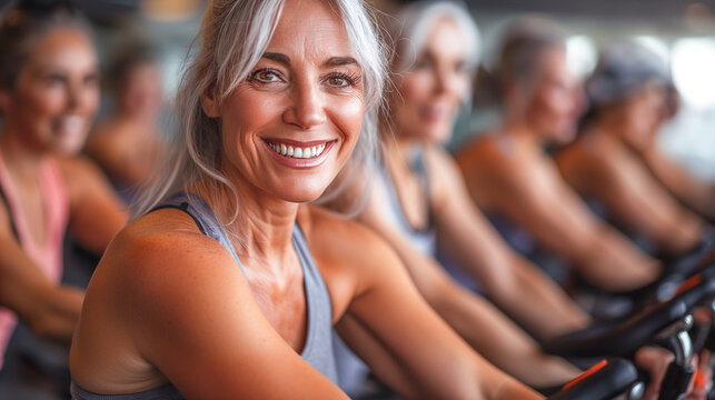 A group of women in a spin class smiles brightly as they pedal their stationary bikes, demonstrating their dedication to fitness and a positive outlook