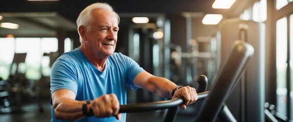 An older man, dressed in a blue t-shirt, confidently works out on a rowing machine in a gym. He is pulling the rowing machine with a determined look on his face