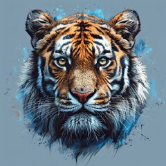 An artistic representation of a Bengal tigers head on a vibrant blue background, showcasing the majestic features of this carnivorous Felidae organism