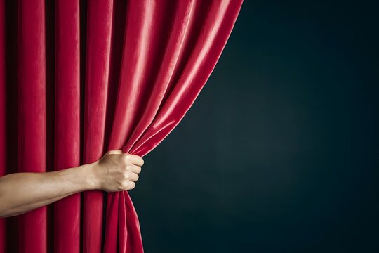 Hand pulls open vibrant red curtain against dark background, stage setting