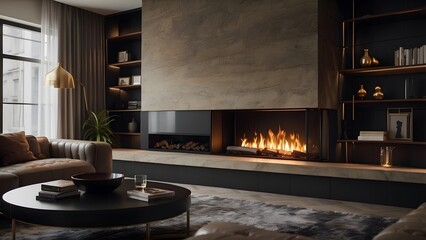 Modern minimalist living room interior design with fireplace, dark color theme fireplace home decor interior design of a living room