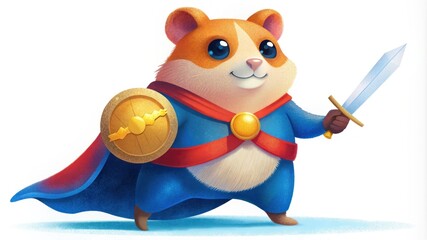 hamster wearing a superhero cape, holding a large golden Bitcoin in one hand and a sword in the other