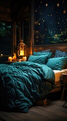 a bedroom with a bed and a picture of a forest scene.