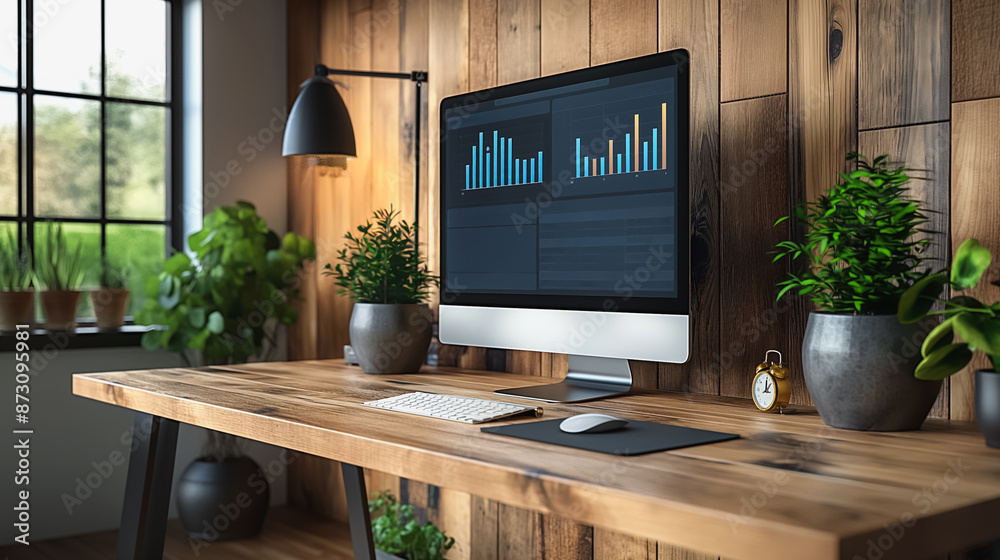 Poster Computer desk with a desktop monitor displaying a dashboard of graphs and charts
