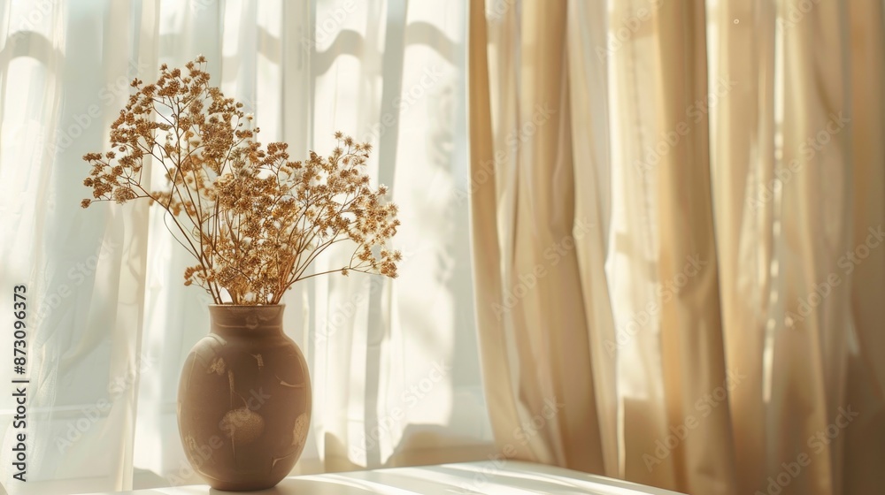 Sticker white desk with brown vase of dried autumn flowers sunlit curtains space for text