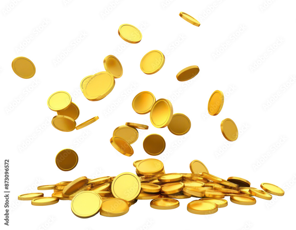 Sticker PNG Big golden coins flying money pill white background.