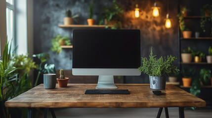Fototapeta premium Modern wooden desk workspace with computer monitor and plants
