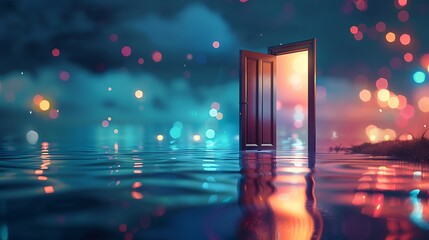 An open door floating on a lake with colorful abstract bokeh lights reflecting on the water, night view with a magical atmosphere, minimalist and elegant