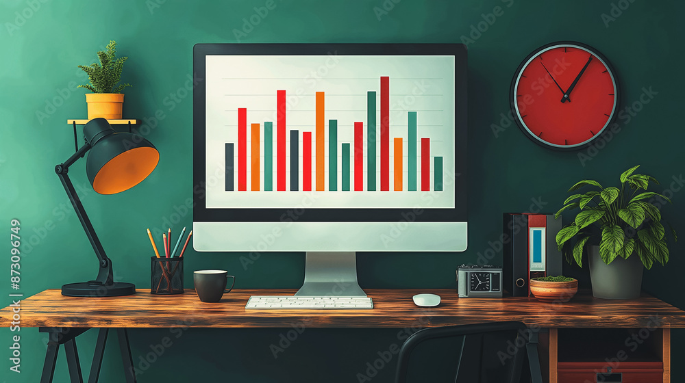 Poster a computer on a desk displaying financial graphs, a common sight in busy offices where data drives b