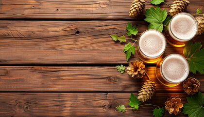 Fototapeta premium Three glasses of beer are on a wooden table with pine cones and leaves