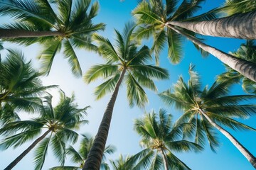 Vibrant Palm Trees Stretching Towards the Sky on a Sunny Day with Light Clouds. Generative AI