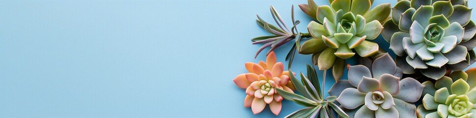 Obraz premium Artistic arrangement of various succulents against a blue background, showcasing modern plant decor and botanical beauty. Perfect for design projects and home decor.