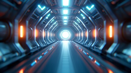 A futuristic spaceship corridor with blue and orange lights illuminates the path leading toward a bright white glowing circular opening at the end.