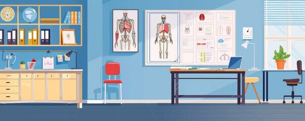 Modern medical office with anatomical charts, desk, shelves, and blue walls, providing a clean and professional healthcare environment.