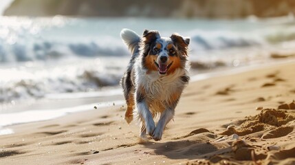 An Australian Shepherd joyfully running on the beach, capturing the excitement and energy of a sunny day by the sea.