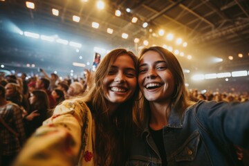 Fototapeta premium Two young women taking a selfie together at a concert
