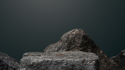 Stone, Rock podium on dark cement green wall studio light backgrounds well stage stand display...