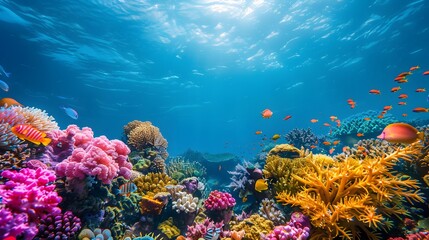 A vibrant coral reef teeming with colorful fish, coral and sea plants. The water is a deep blue with gentle ripples, creating an underwater scene.