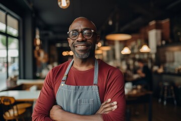 Fototapeta premium Portrait of a middle aged African American male barista smiling in modern cafe