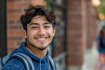 Fototapeta premium Smiling portrait of a young male Hispanic student on college campus