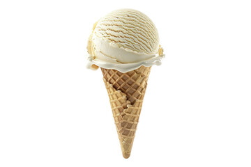 Vanilla ice cream scoop on waffle cone isolated on transparent background