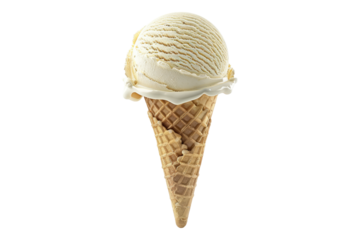 Vanilla ice cream scoop on waffle cone isolated on transparent background