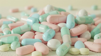 A pile of soft pastel-colored pills, including pinks, blues, and greens, creating a gentle and calming pharmaceutical display on a soft beige background.