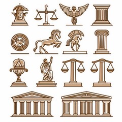 Drawings of ancient Greek mythology, art, religion, and architecture for welcome to Greece concept design with pegasus, amphora, doric column, Sparta runner, scales, and orthodox cathedral